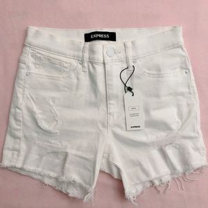 White High Waisted Raw Hem Stretch Shorts
